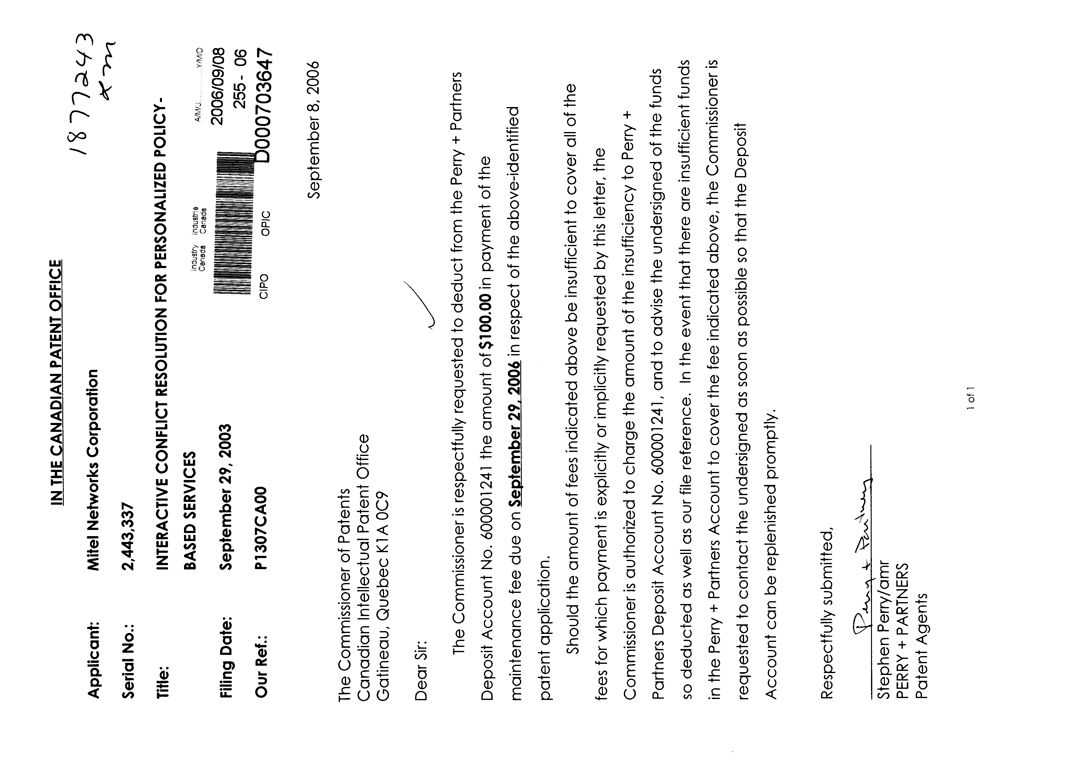 Document de brevet canadien 2443337. Taxes 20051208. Image 1 de 1