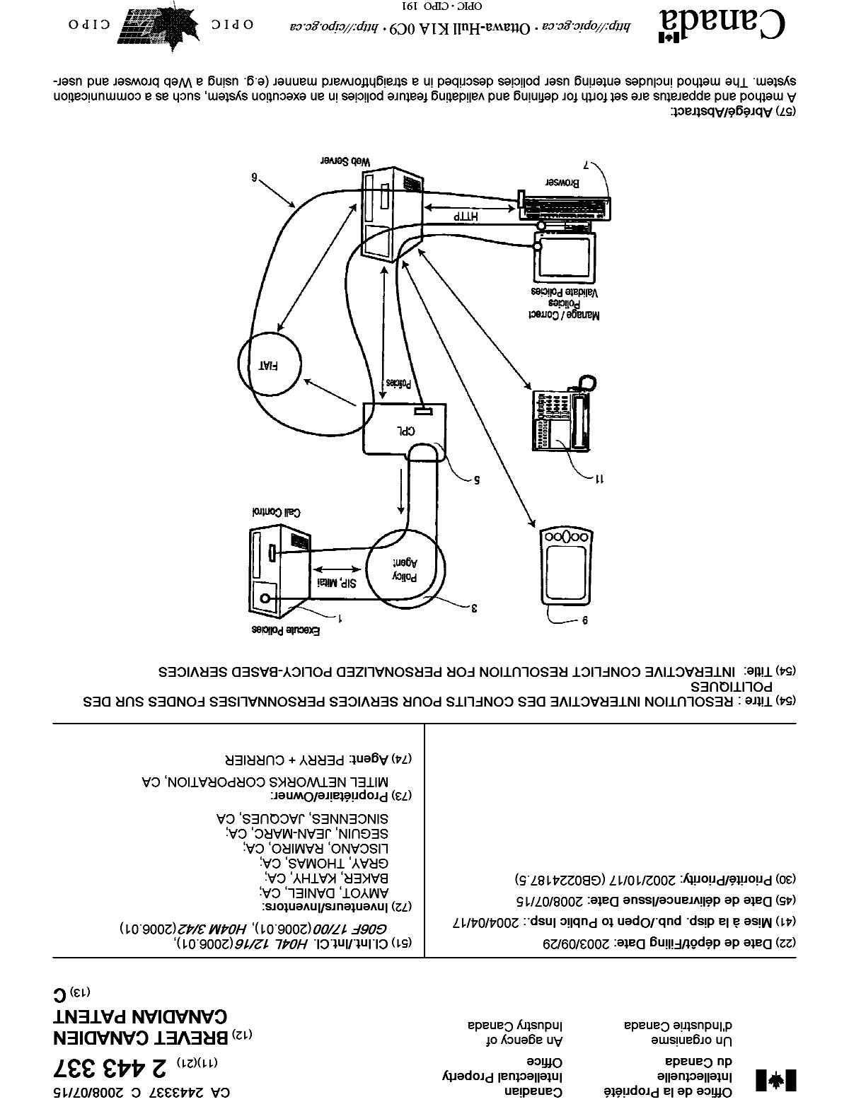 Document de brevet canadien 2443337. Page couverture 20071217. Image 1 de 2