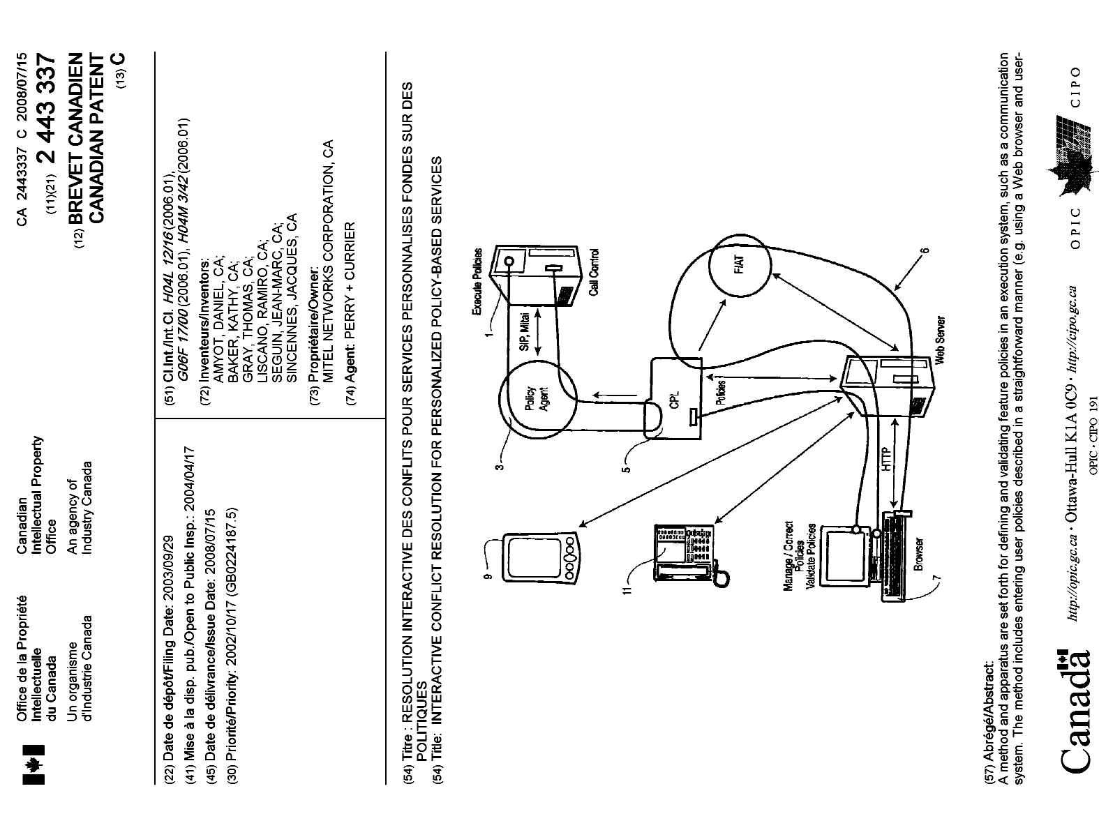 Canadian Patent Document 2443337. Cover Page 20071217. Image 1 of 2