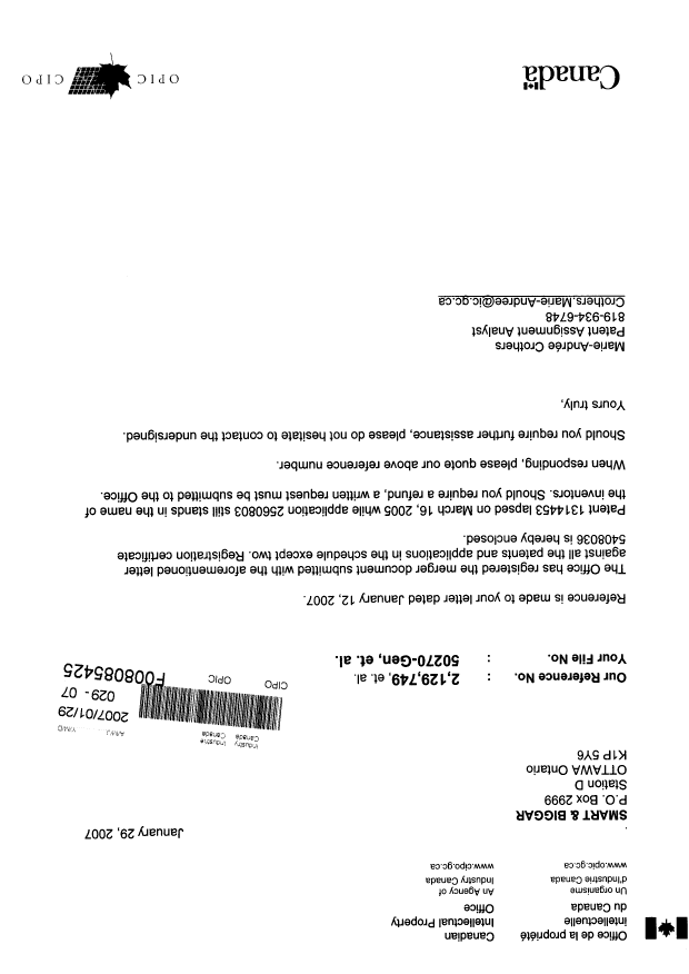 Document de brevet canadien 2443429. Correspondance 20061229. Image 1 de 3