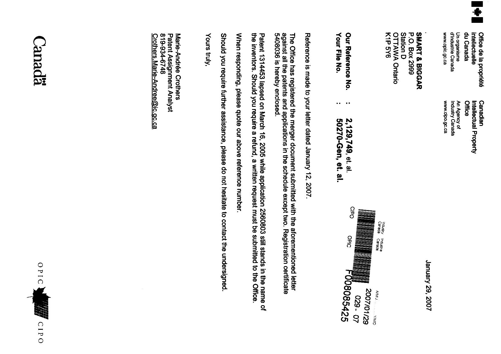 Document de brevet canadien 2443429. Correspondance 20061229. Image 1 de 3
