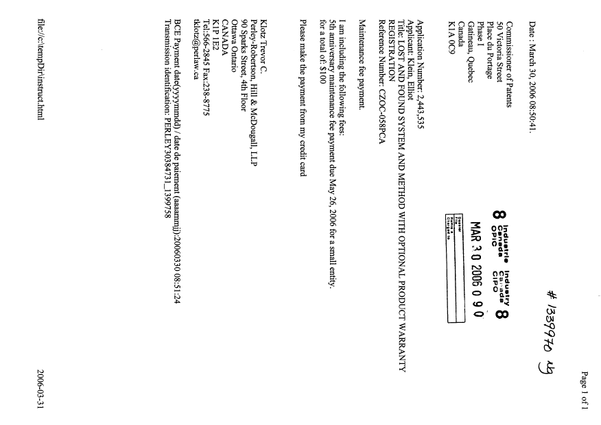 Document de brevet canadien 2443535. Taxes 20060330. Image 1 de 1