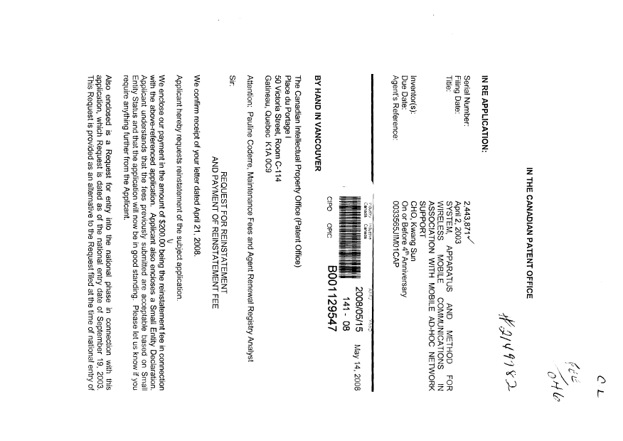 Document de brevet canadien 2443871. Correspondance 20080515. Image 1 de 4