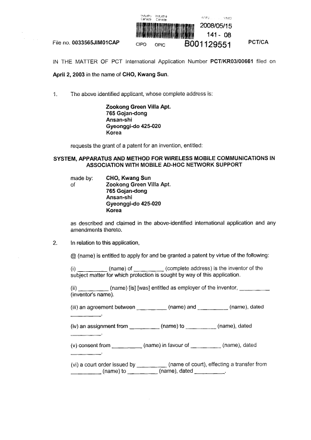 Canadian Patent Document 2443871. Correspondence 20080515. Image 3 of 4