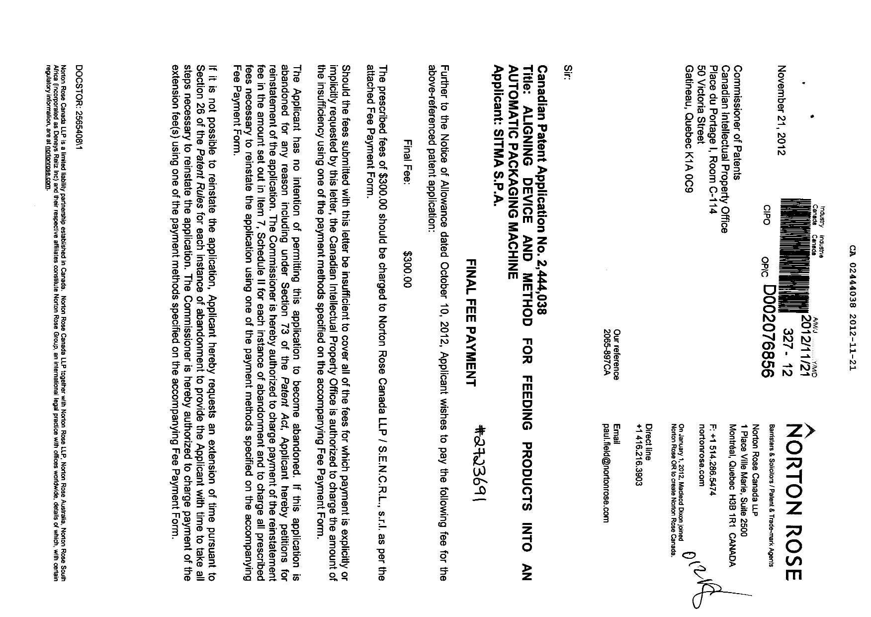 Canadian Patent Document 2444038. Correspondence 20121121. Image 1 of 2