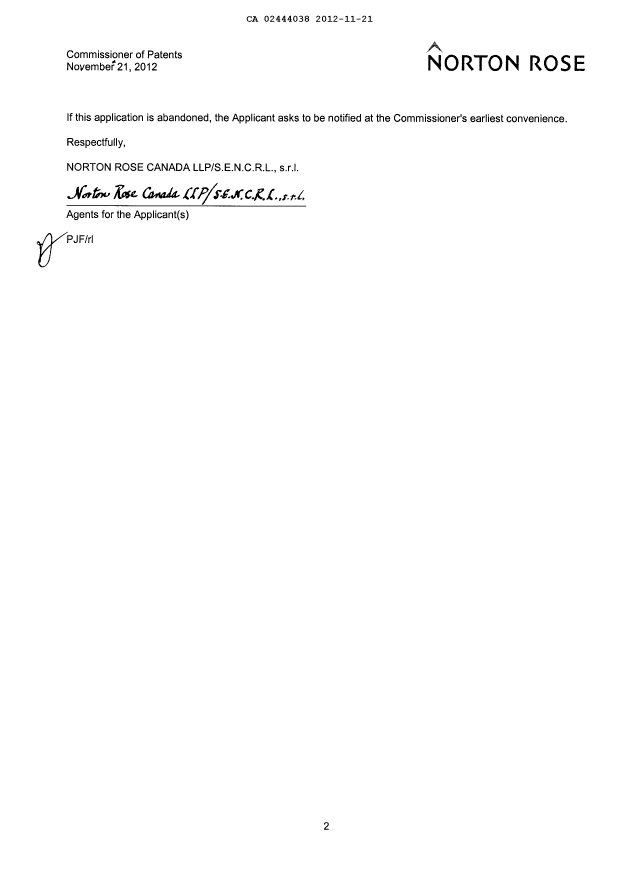 Document de brevet canadien 2444038. Correspondance 20121121. Image 2 de 2
