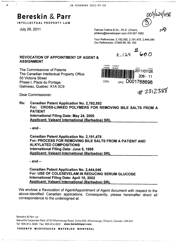 Document de brevet canadien 2444046. Cession 20110726. Image 1 de 10