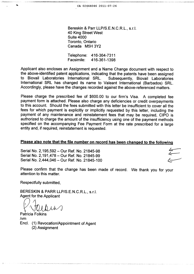 Document de brevet canadien 2444046. Cession 20110726. Image 2 de 10