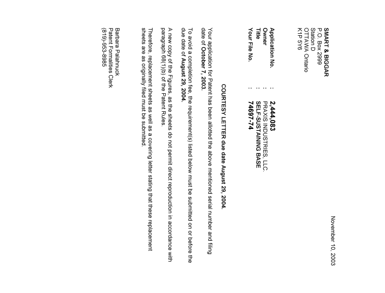 Document de brevet canadien 2444083. Correspondance 20031105. Image 1 de 1
