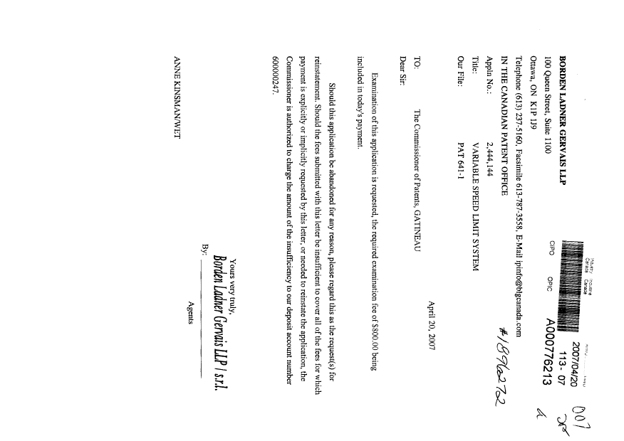 Canadian Patent Document 2444144. Prosecution-Amendment 20070420. Image 1 of 1