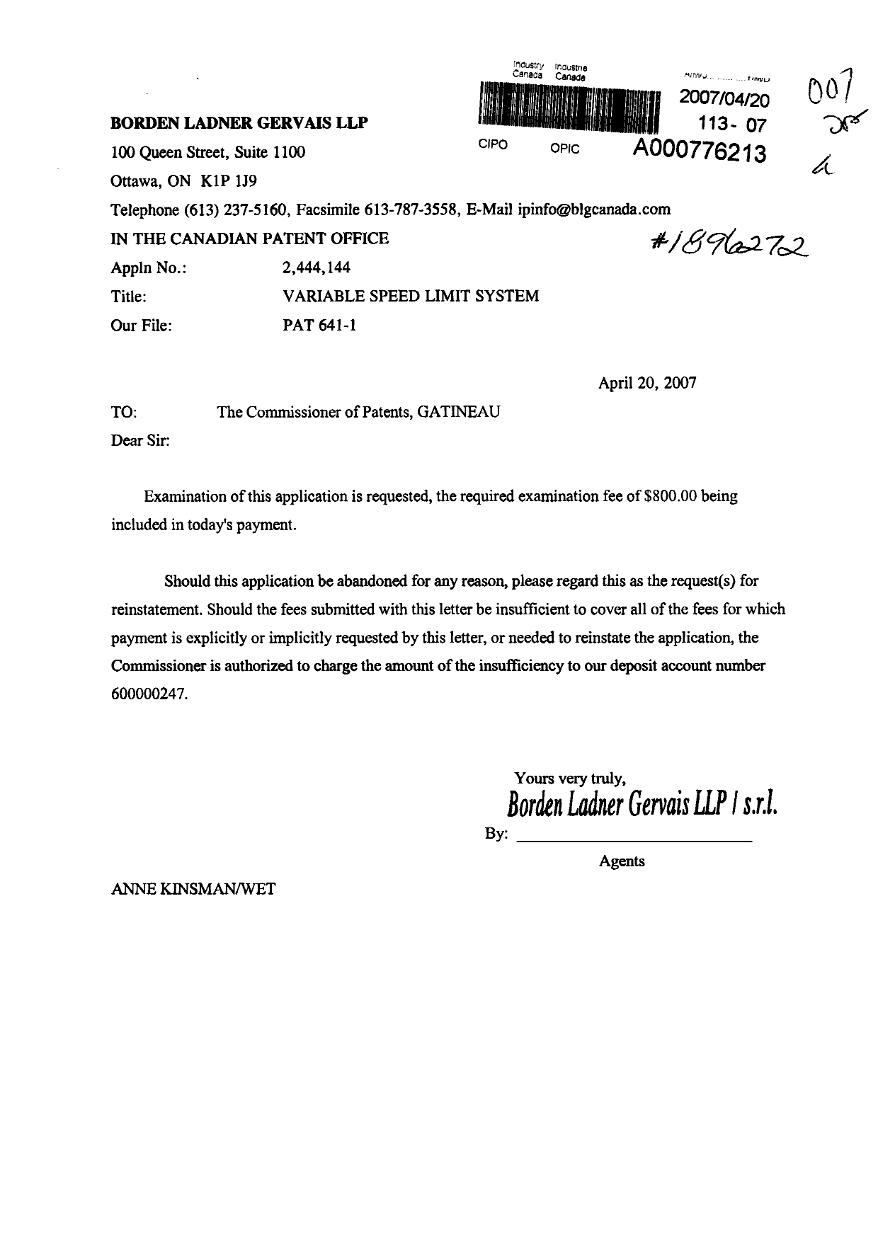 Document de brevet canadien 2444144. Poursuite-Amendment 20070420. Image 1 de 1