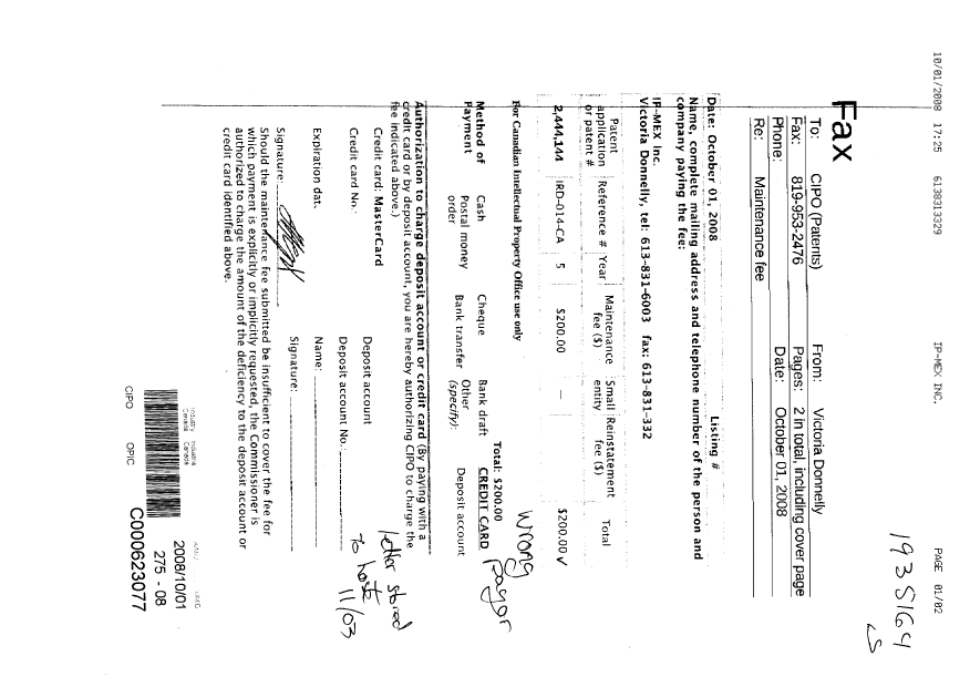 Canadian Patent Document 2444144. Fees 20081001. Image 1 of 2