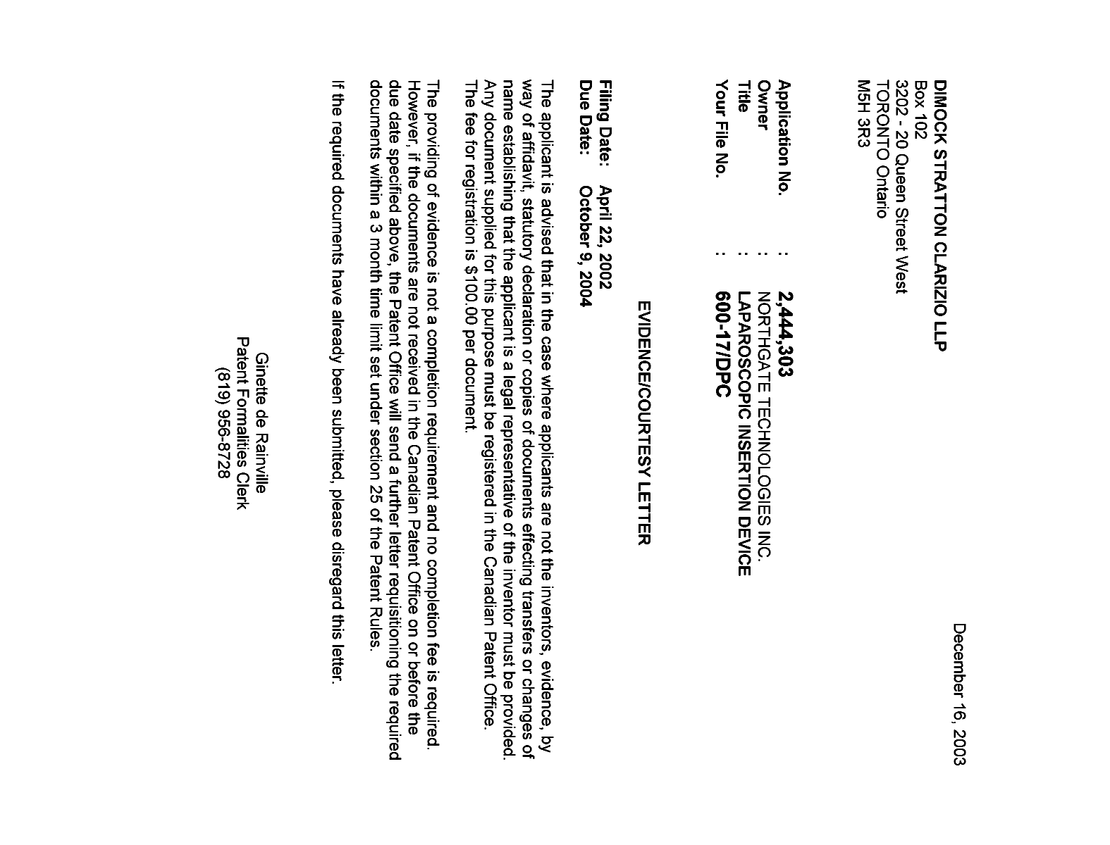 Document de brevet canadien 2444303. Correspondance 20021212. Image 1 de 1