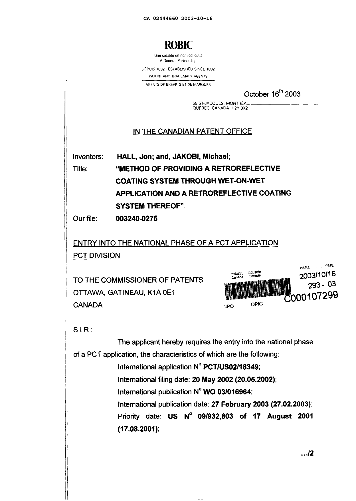 Document de brevet canadien 2444660. Cession 20031016. Image 1 de 14