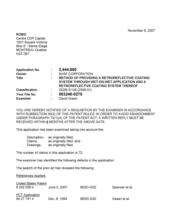 Canadian Patent Document 2444660. Prosecution-Amendment 20071109. Image 1 of 2
