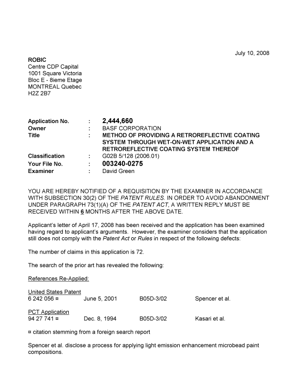 Canadian Patent Document 2444660. Prosecution-Amendment 20080710. Image 1 of 3