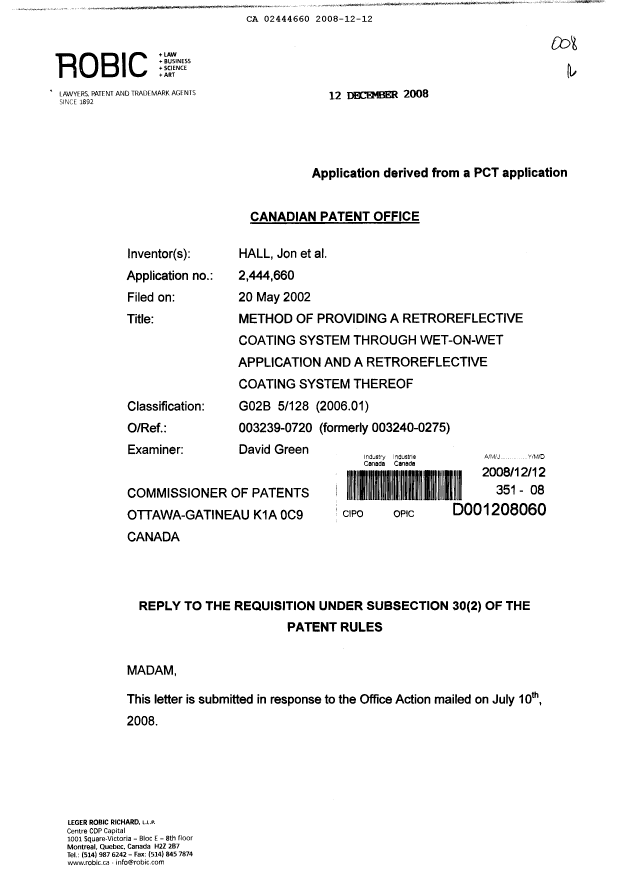 Canadian Patent Document 2444660. Prosecution-Amendment 20081212. Image 1 of 6