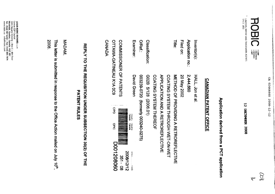 Document de brevet canadien 2444660. Poursuite-Amendment 20081212. Image 1 de 6