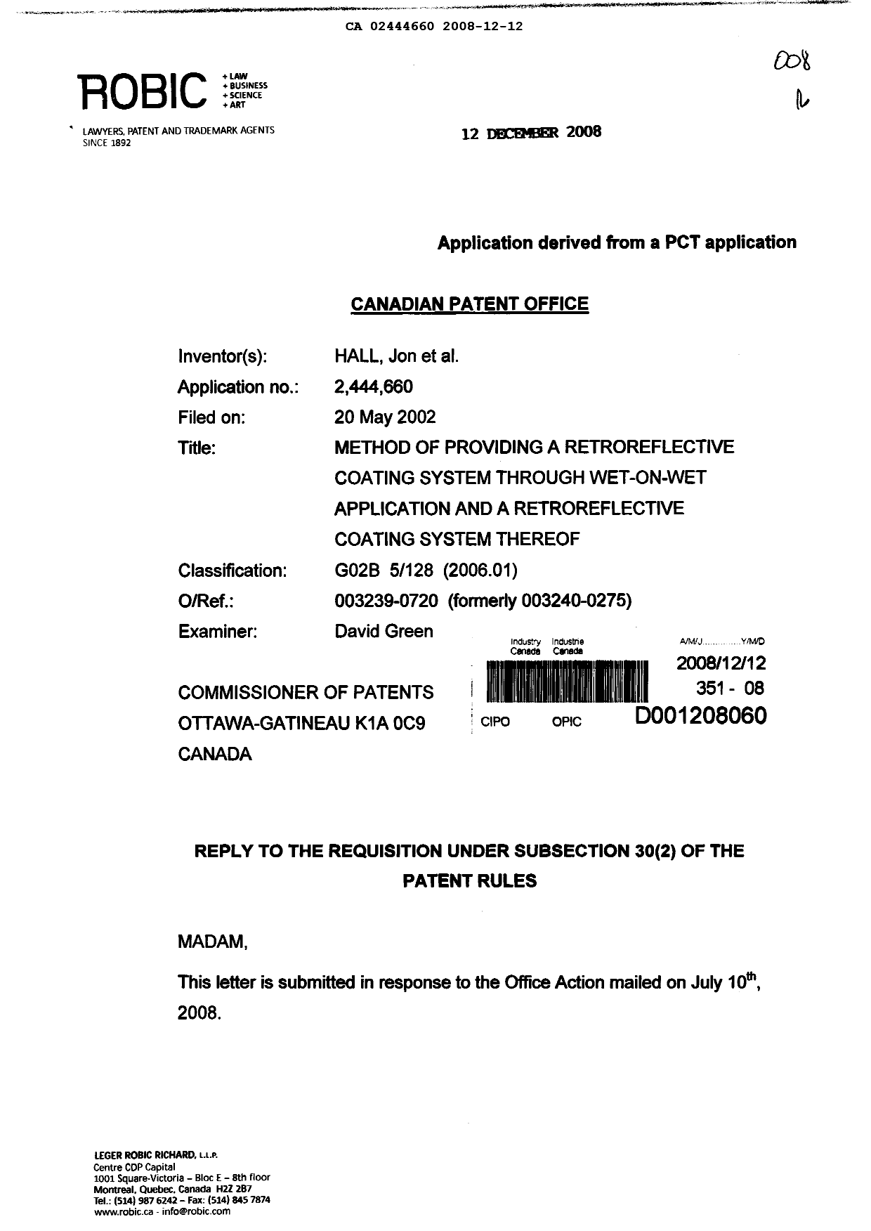 Document de brevet canadien 2444660. Poursuite-Amendment 20081212. Image 1 de 6