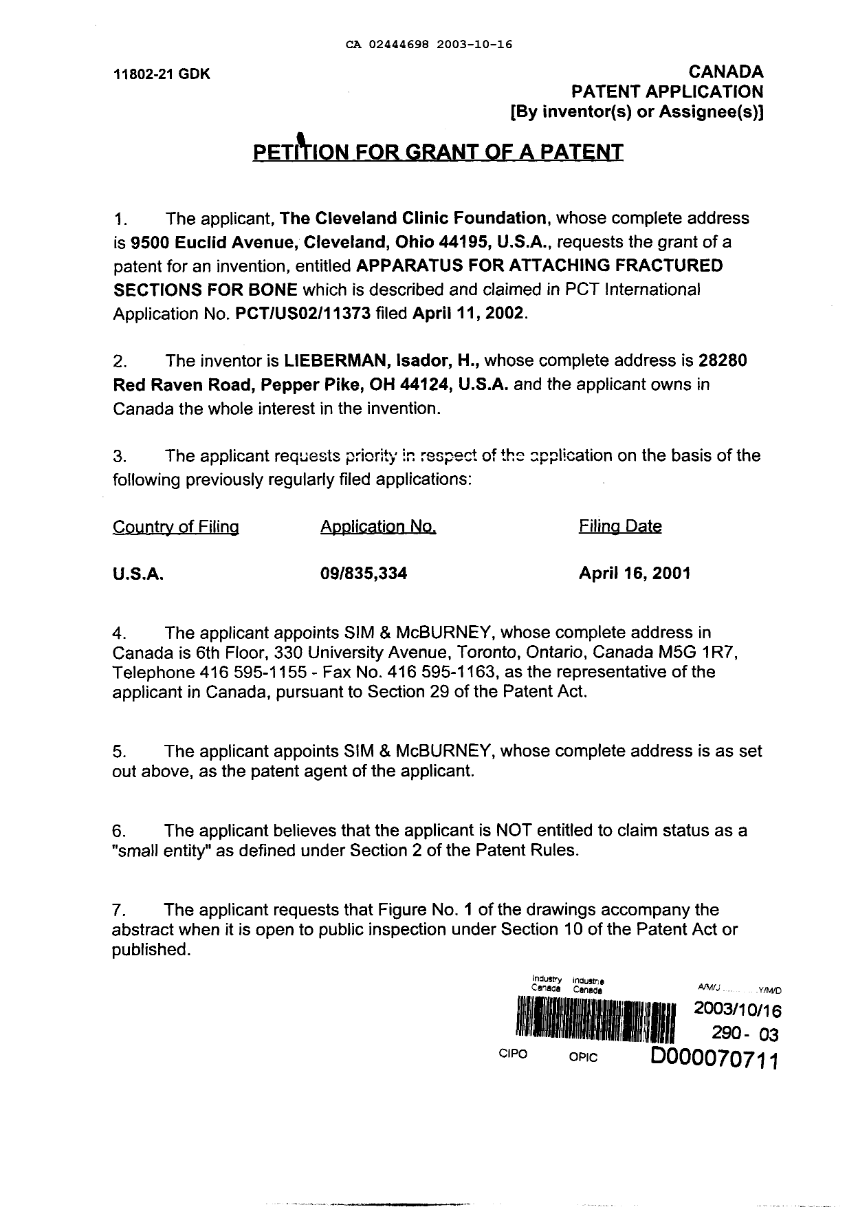 Document de brevet canadien 2444698. Cession 20021216. Image 3 de 6