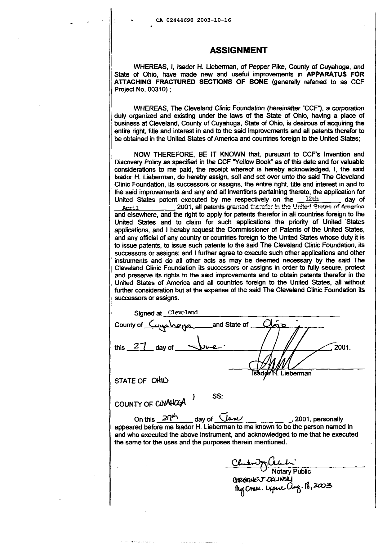 Document de brevet canadien 2444698. Cession 20021216. Image 6 de 6