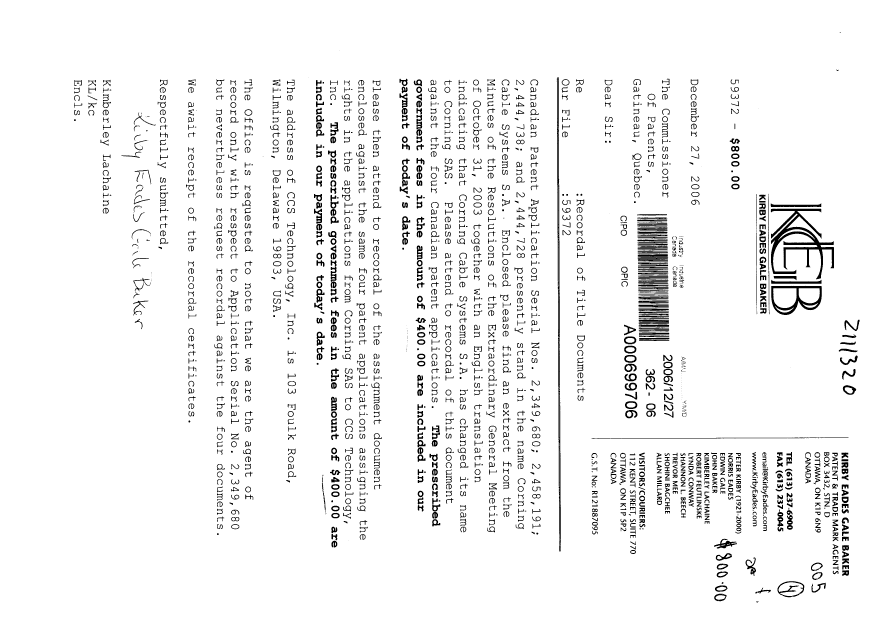 Document de brevet canadien 2444738. Cession 20061227. Image 1 de 9
