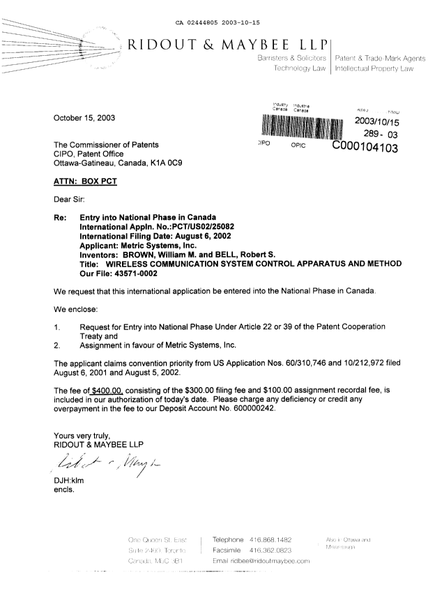 Document de brevet canadien 2444805. Cession 20031015. Image 1 de 6