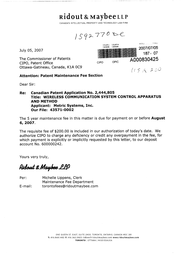 Canadian Patent Document 2444805. Fees 20070705. Image 1 of 1