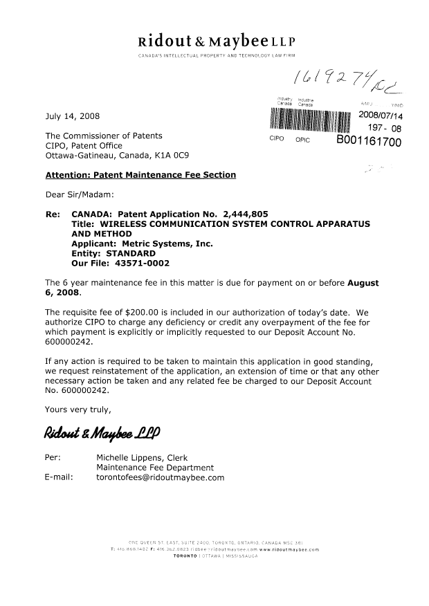 Canadian Patent Document 2444805. Fees 20080714. Image 1 of 1