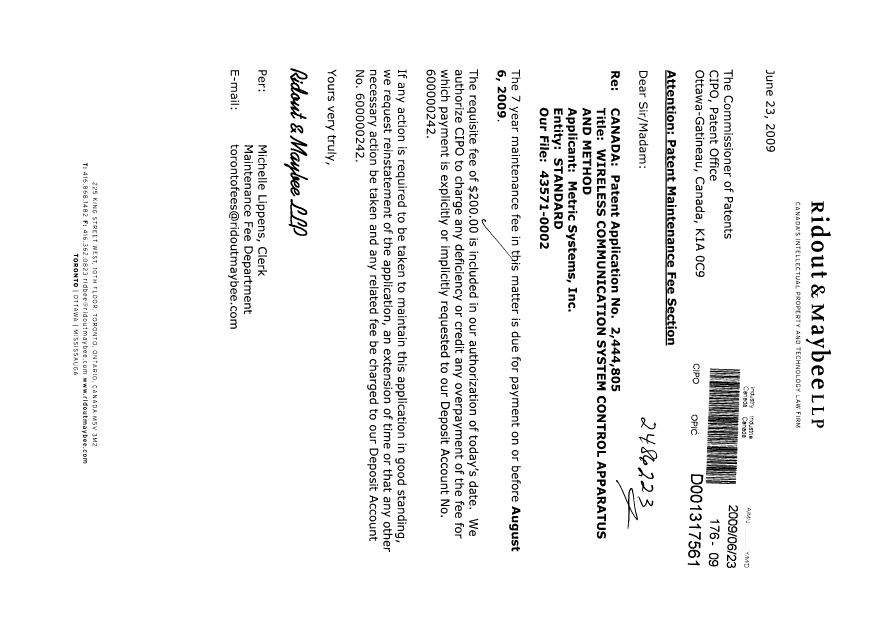 Canadian Patent Document 2444805. Fees 20090623. Image 1 of 1