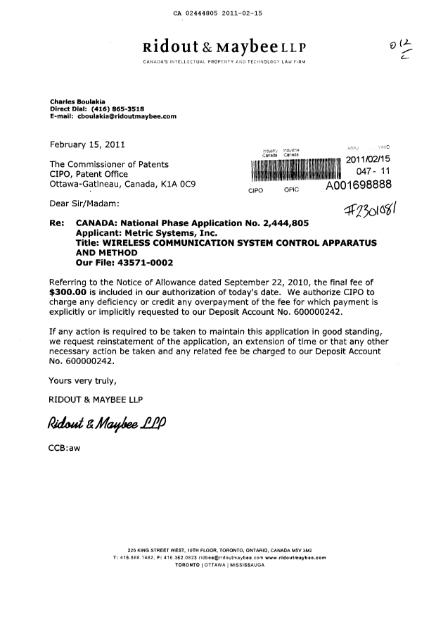 Document de brevet canadien 2444805. Correspondance 20101215. Image 1 de 1