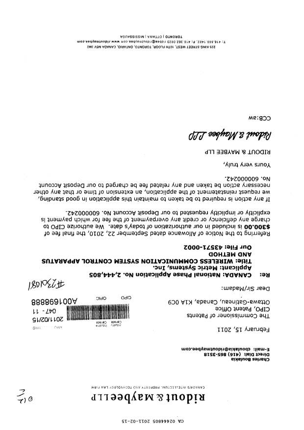Document de brevet canadien 2444805. Correspondance 20110215. Image 1 de 1