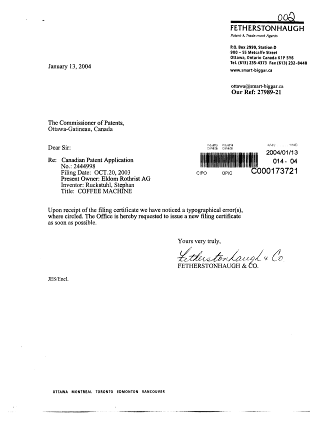 Canadian Patent Document 2444998. Correspondence 20040113. Image 1 of 2