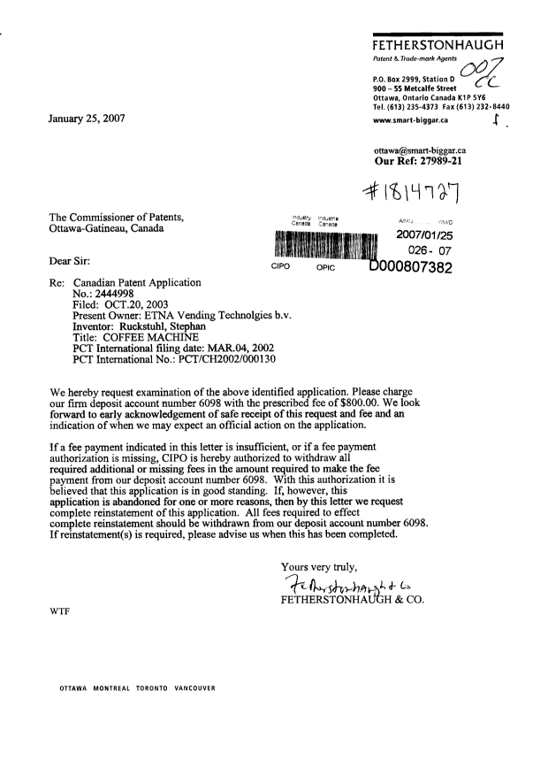 Canadian Patent Document 2444998. Prosecution-Amendment 20070125. Image 1 of 1
