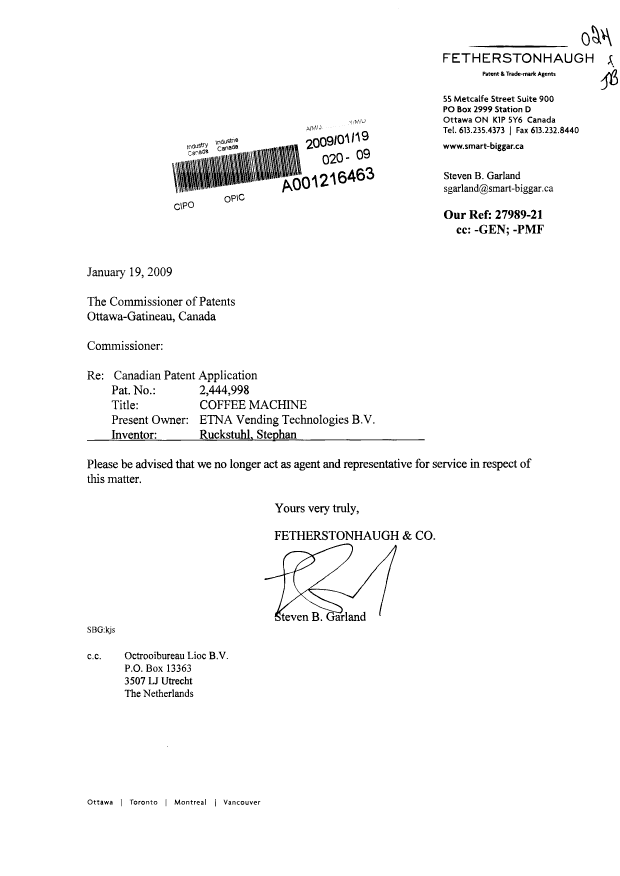 Canadian Patent Document 2444998. Correspondence 20090119. Image 1 of 1
