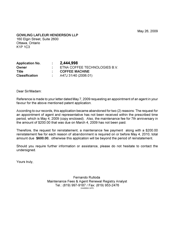 Canadian Patent Document 2444998. Correspondence 20090526. Image 1 of 1