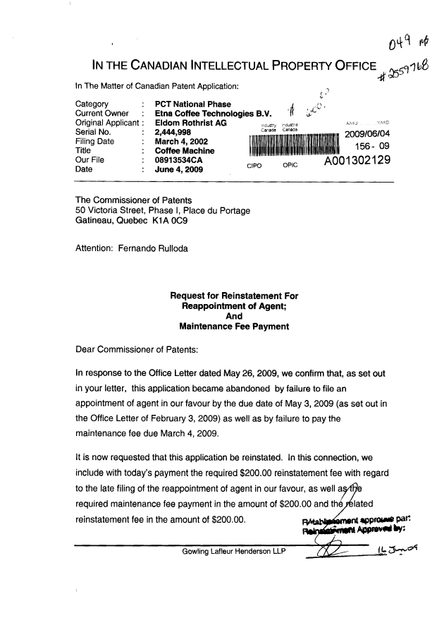 Canadian Patent Document 2444998. Correspondence 20090604. Image 1 of 2