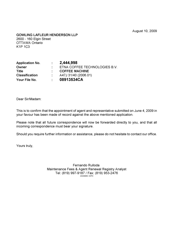 Canadian Patent Document 2444998. Correspondence 20090810. Image 1 of 1