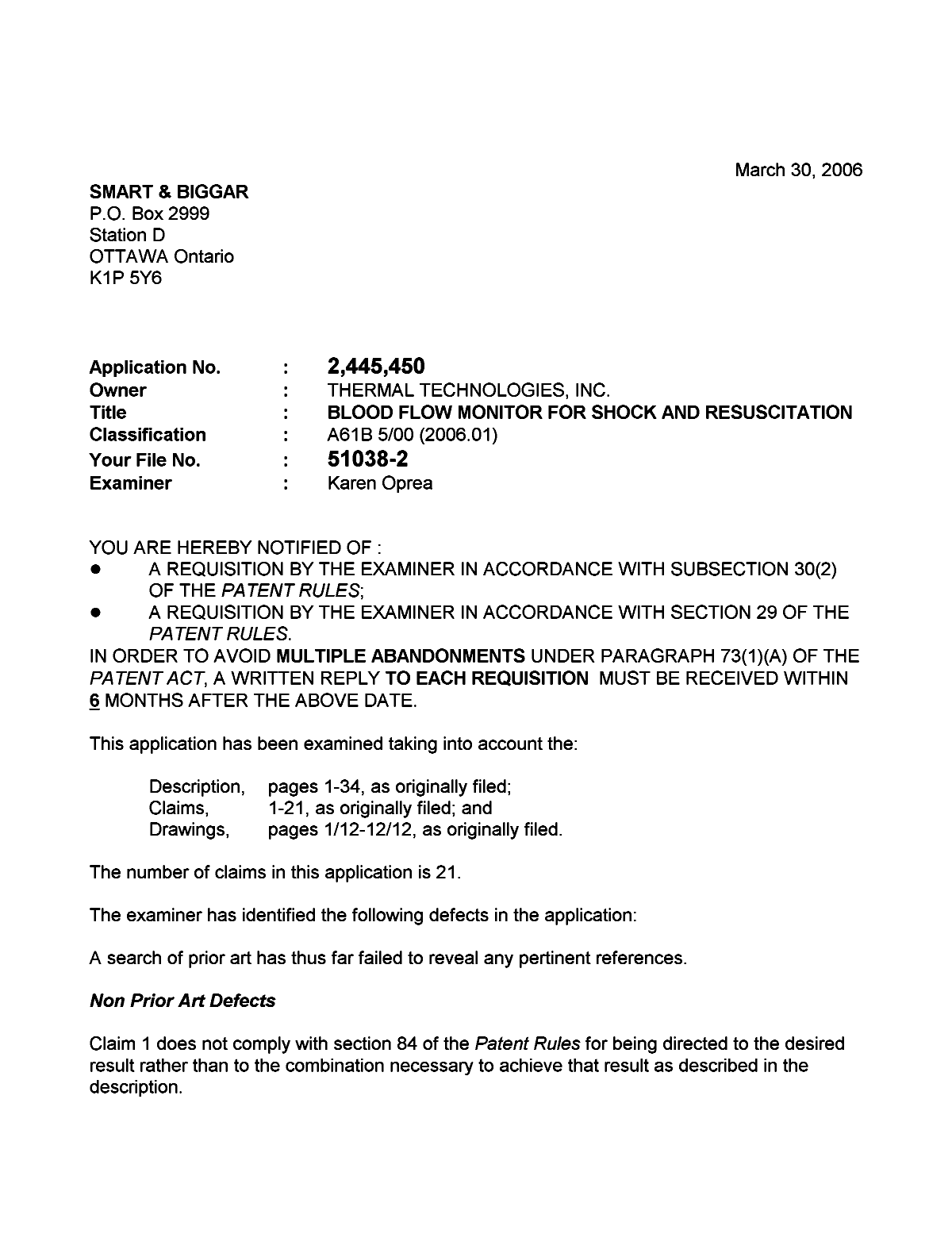 Canadian Patent Document 2445450. Prosecution-Amendment 20060330. Image 1 of 3