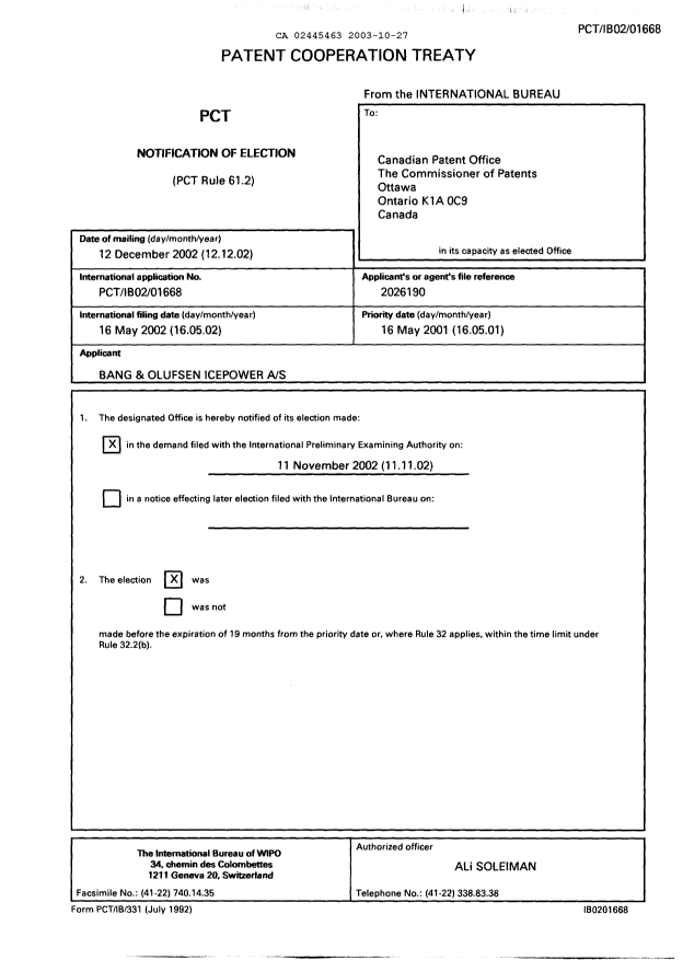 Document de brevet canadien 2445463. PCT 20031027. Image 1 de 10