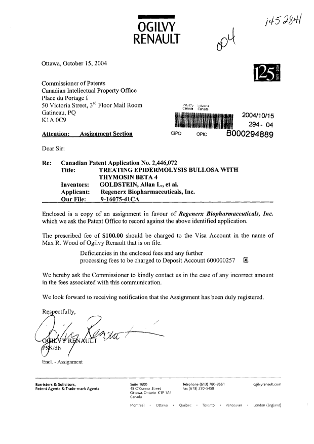 Document de brevet canadien 2446072. Cession 20041015. Image 1 de 2