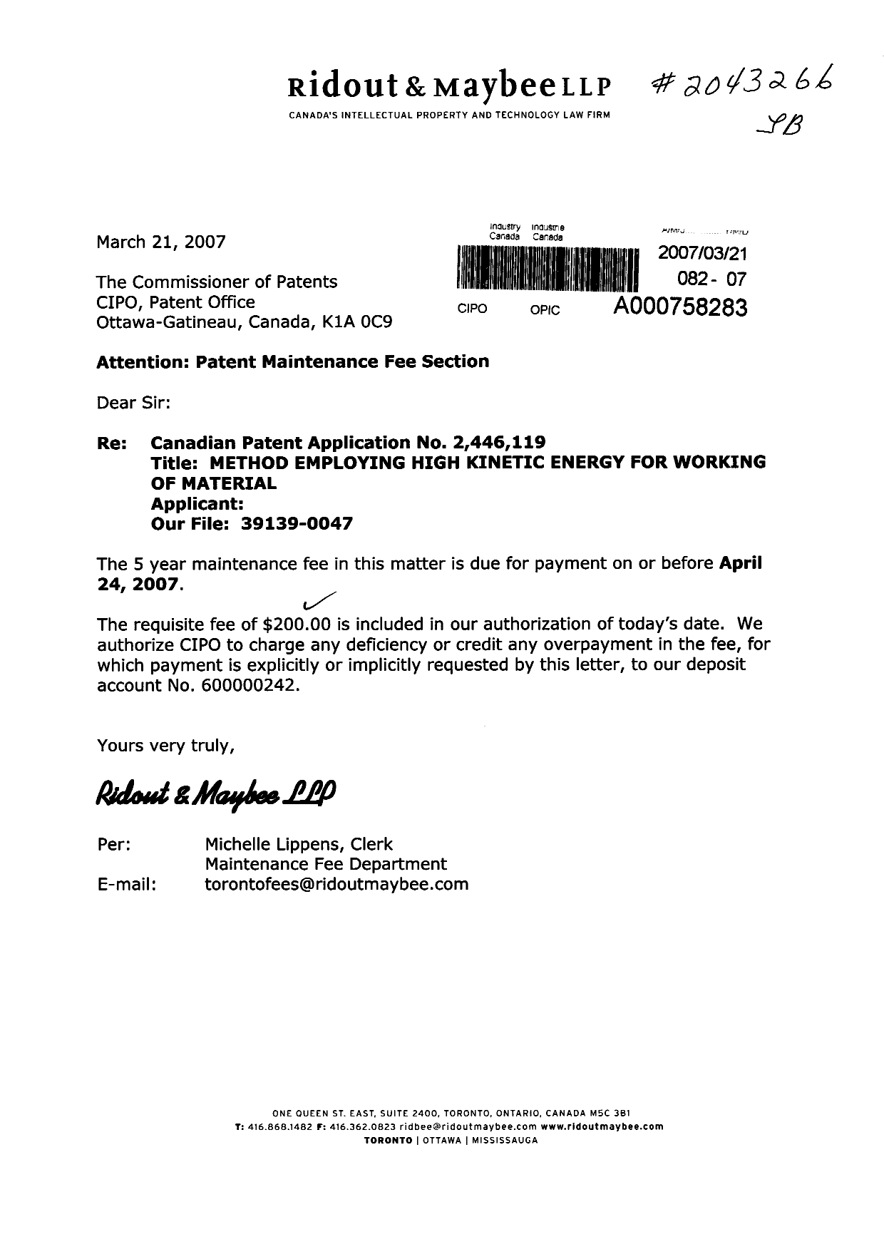 Canadian Patent Document 2446119. Fees 20070321. Image 1 of 1