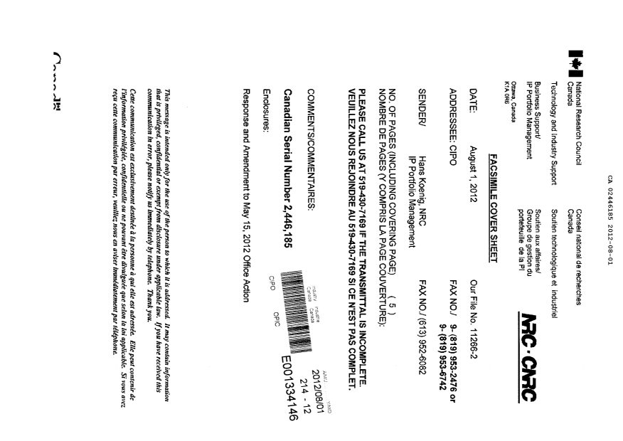 Document de brevet canadien 2446185. Poursuite-Amendment 20111201. Image 5 de 5