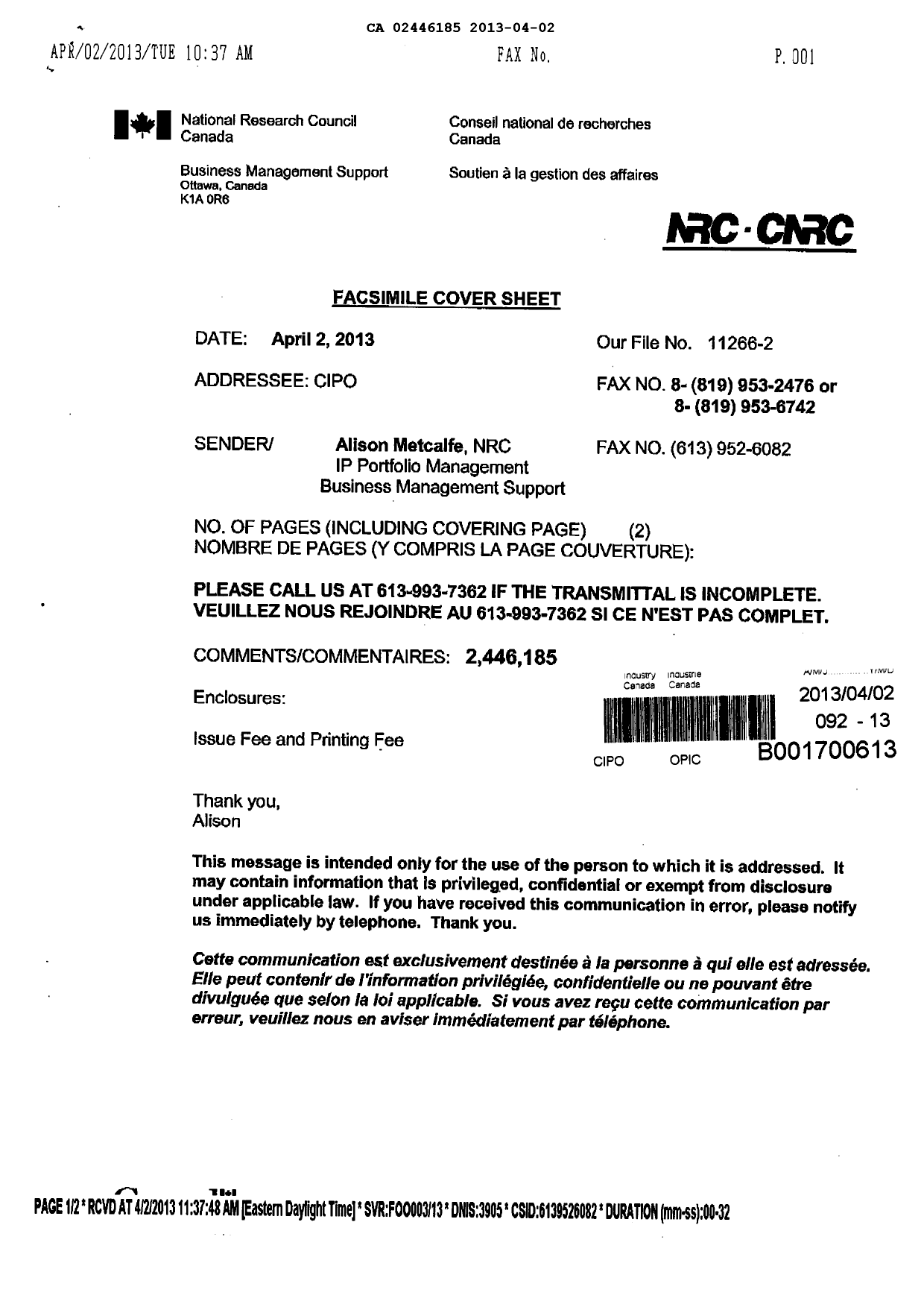 Canadian Patent Document 2446185. Correspondence 20130402. Image 2 of 2