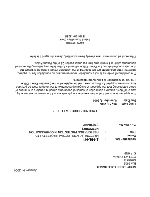 Canadian Patent Document 2446441. Correspondence 20040119. Image 1 of 1