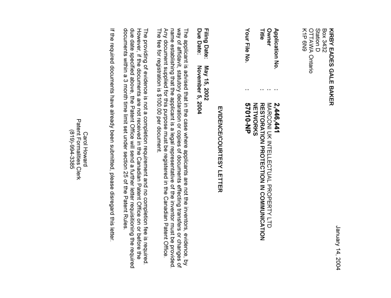 Document de brevet canadien 2446441. Correspondance 20040119. Image 1 de 1