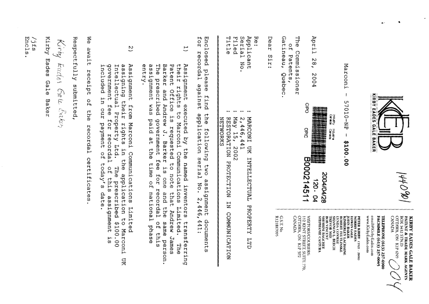 Document de brevet canadien 2446441. Cession 20040428. Image 1 de 3