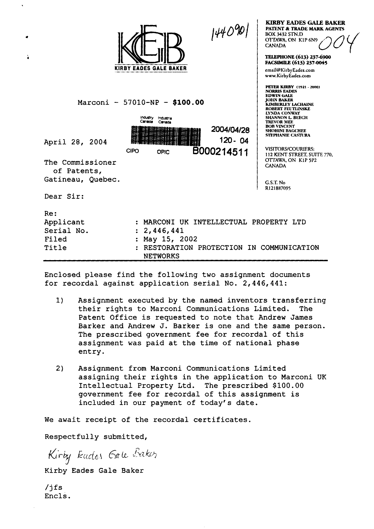 Document de brevet canadien 2446441. Cession 20040428. Image 1 de 3