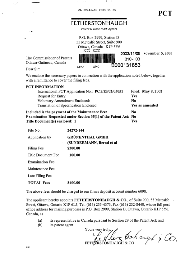 Document de brevet canadien 2446461. Cession 20031105. Image 1 de 4