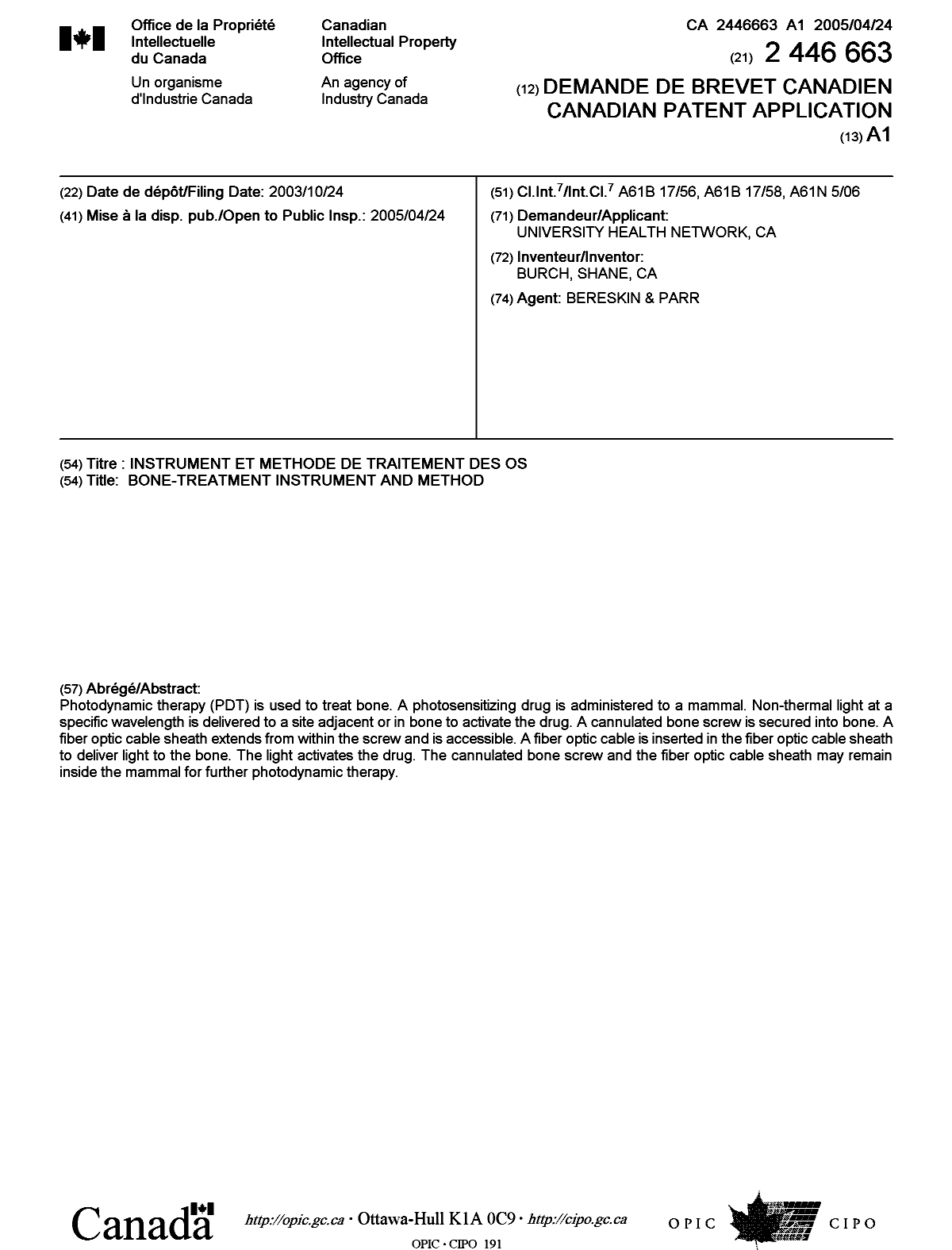Document de brevet canadien 2446663. Page couverture 20050407. Image 1 de 1